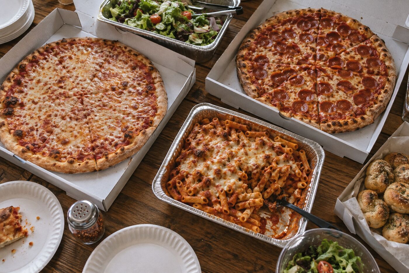 Party spread of pies, pasta trays and salad
